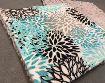 Flower Burst Lovie, Minky, Baby Shower Gift. Teal. Black. Grey. Flowers. Mini Minky Blanket. Cuddle.