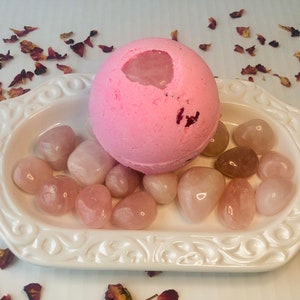 Rose Quartz Crystal Self Love Luxury Bath Bomb - Rose Petal Bath Bomb - Heart Chakra Gemstone Bath Bomb - Gifts for Her - Mothers Day Gifts