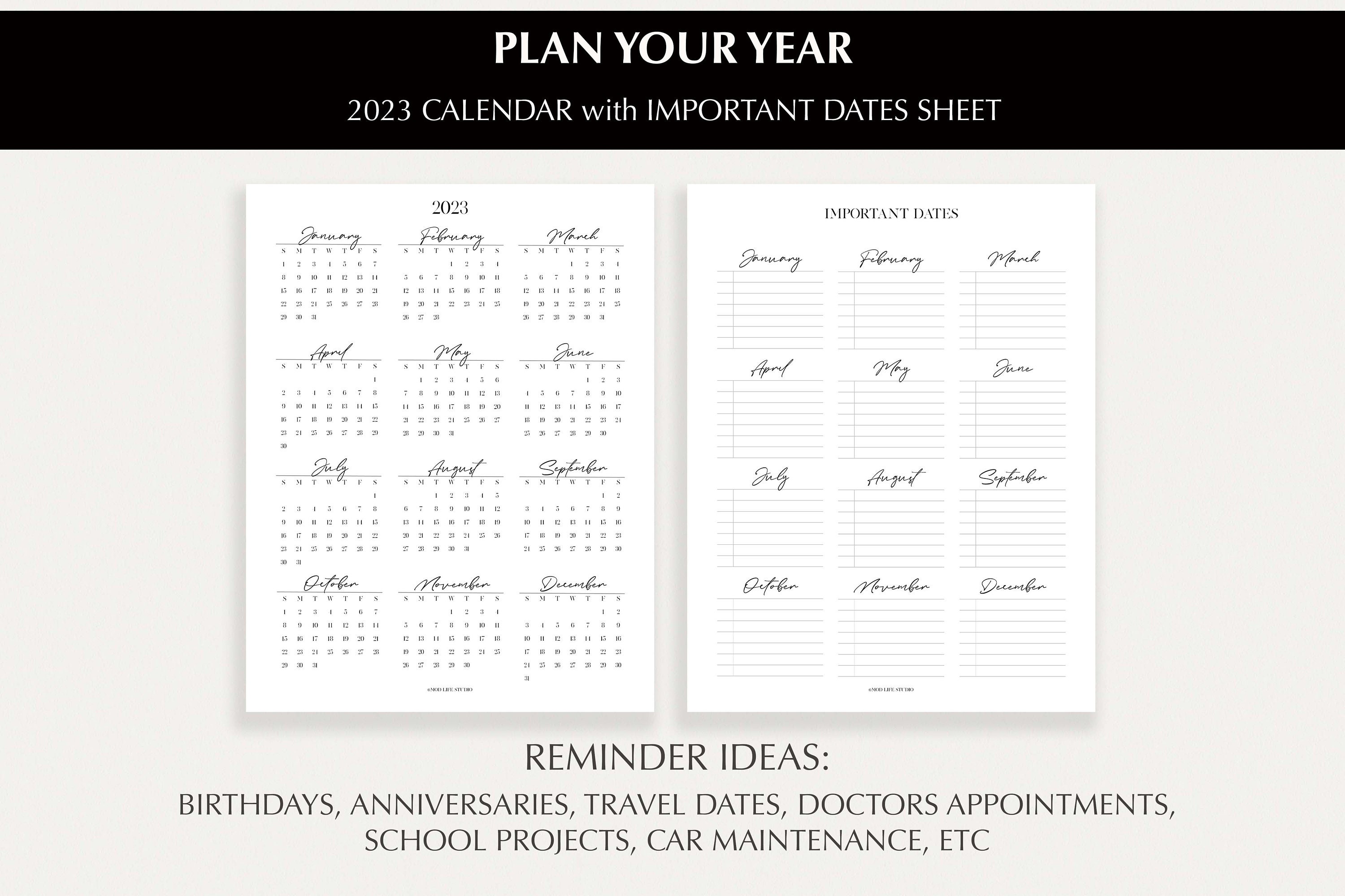 2023 Calendar and Important Dates Printable Planner Year - Etsy