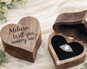 Personalized Laser Engraved Engagement Ring Box, Walnut Heart Proposal Ring Case, Custom Name Marriage Proposal, Jewelry Gift