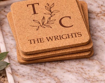 Posavasos de corcho personalizados, monograma grabado con láser, juego de 4 posavasos personalizados