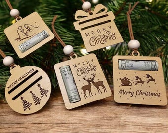 Adorno navideño con forma de dinero • Adorno para regalar en efectivo • Adorno navideño de madera • Tarjetero con dinero grabado con láser • Idea para regalo navideño