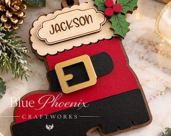 Personalized Santa Christmas Ornament, Custom Name Wood Hanger, Layered Santa Boot, Kids Christmas Keepsake, Rustic Holiday Decor
