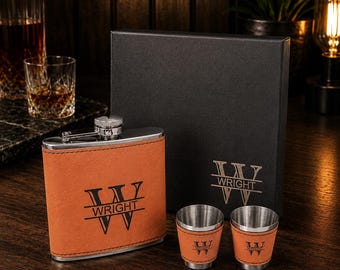 Personalized  Leather Flask Gift Set - Emgraved Gifts for Groomsmen, Grooms, Corporate Gift, Anniversary