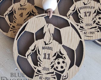 Personalized Soccer Ornament • Laser Engraved Wood Keepsake, Sports Team Gift
