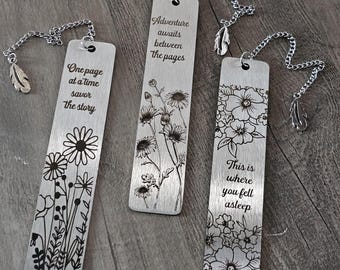 Laser engraved metal bookmark with leaf tassel. Gift for book readers.