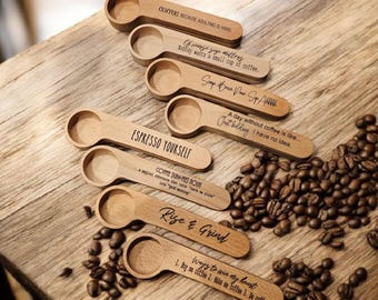 Laser Engraved Wooden Coffee Scoop & Bag Clip, Funny Sayings for Coffee Lover