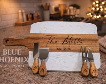 Juego de charcutería de mármol personalizado, tabla de cortar de acacia grabada y juego de servir.