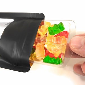 Resealable TRAYBAGS (50 Pk) Thick Mylar Foil Stand Up Pouch 4&quot; x 5.5&quot; Ultra Clear Window, Smell Proof, Zip Seal, Food Grade, Matte Black