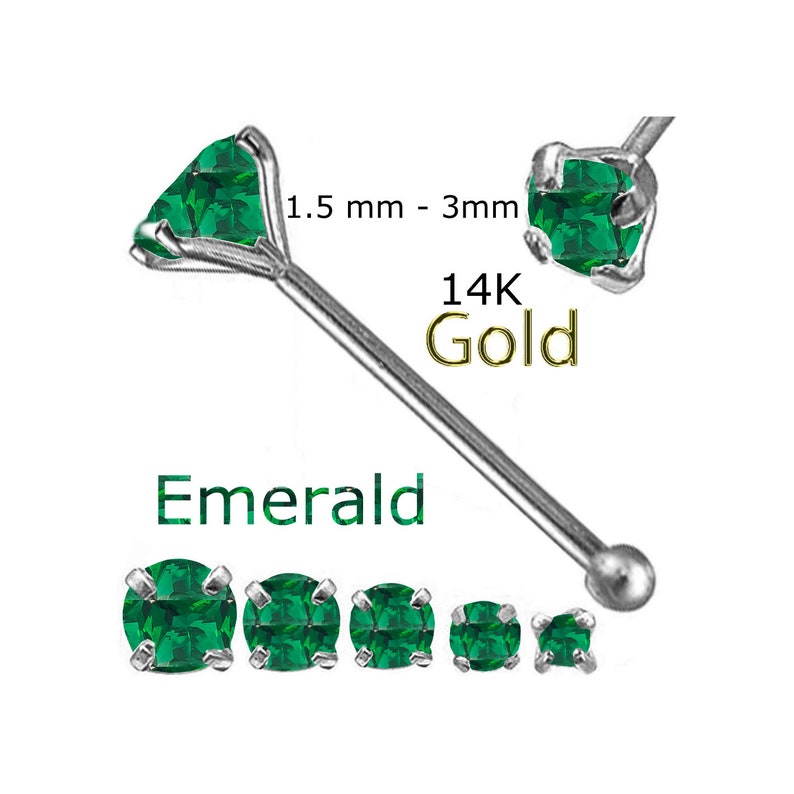 14K Solid white Gold 1.5mm-2.5mm Round Emerald 22g 14 Nose BONE Made in USA
