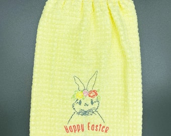 Hanging Hand Towel is Soft Yellow Waffle Terry Cloth that Says, &quot;Hoppy Easter,&quot; with Outlined Bunny and Coral and Watercolor Bunnies Accents