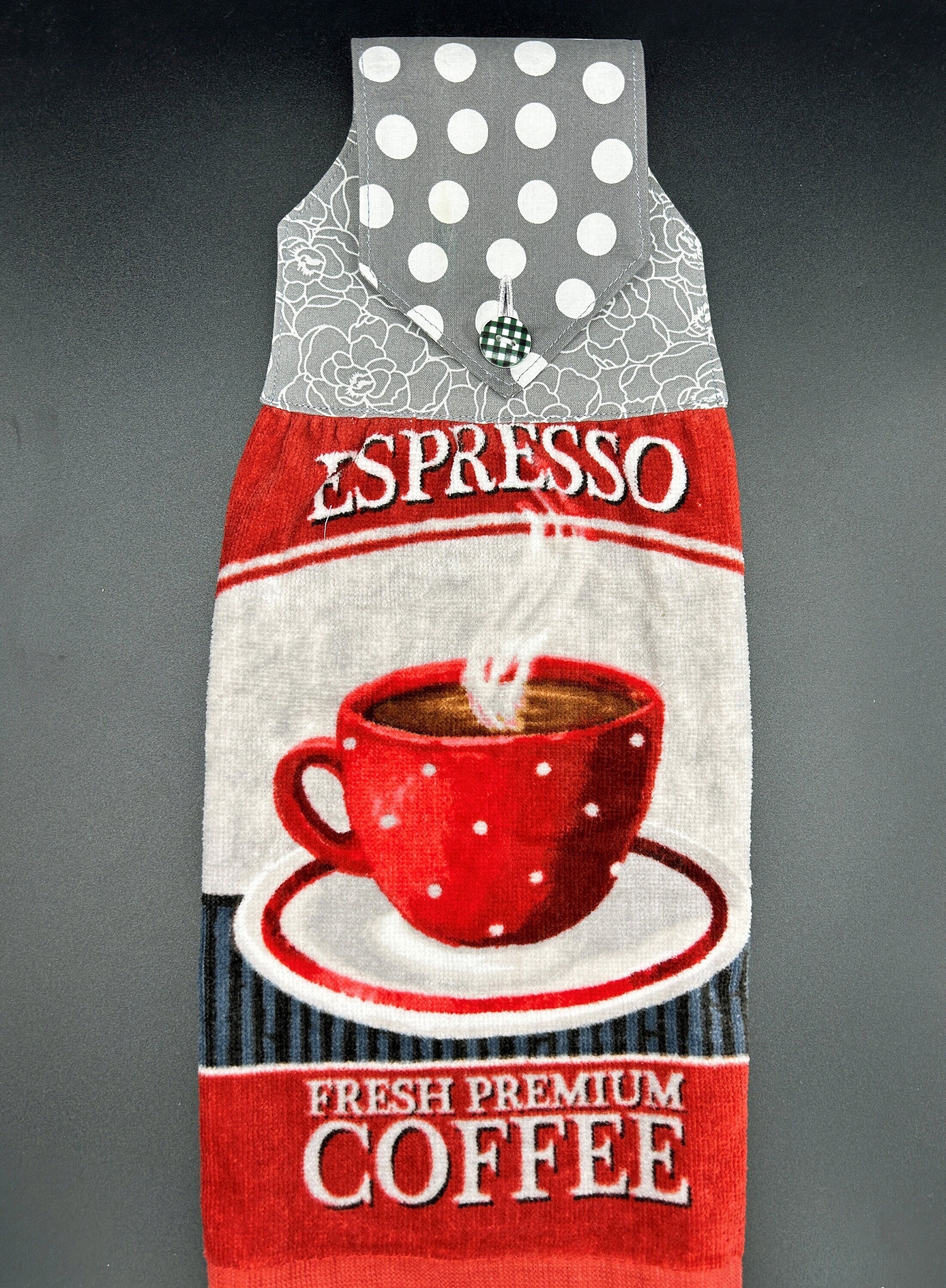 Hanging Hand Towel Says espresso Fresh Brewed 