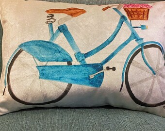 Large Rectangular Velvet Pillow is Washable Polyester with a Teal Bike on Front, Teal Velvet Back, and a Zip Opening for Easy Cleaning