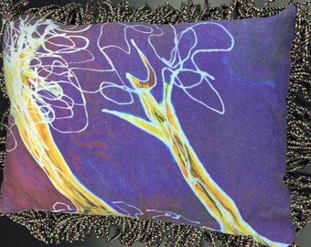 Pillow with Abstract Tree Design from Original Batik on Cotton Canvas has Lighter Purple Back with Velcro Closure and Purple/Green Fringe