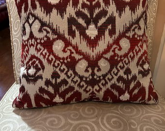 Large 20” Square Reversible Pillow has Pattern in Shades of Burgundy on Ivory Linen-Like Polyester, Zipper and Hypoallergenic Insert.