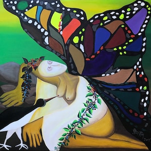 May include: A painting of a woman with a butterfly wing, a bird, and a floral garland. The woman is nude and has a white cloth draped over her. The butterfly wing is black, green, and purple with white spots. The bird is black and white and has a long beak. The floral garland is green and has red berries.