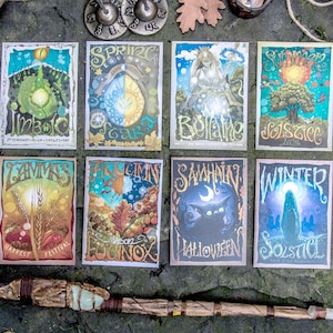 Postales artísticas del equinoccio de primavera, solsticio de verano, equinoccio de otoño, solsticio de invierno, Imbolc, Beltaine, Lammas, Samhain y Festival del Fuego (juego de 8)