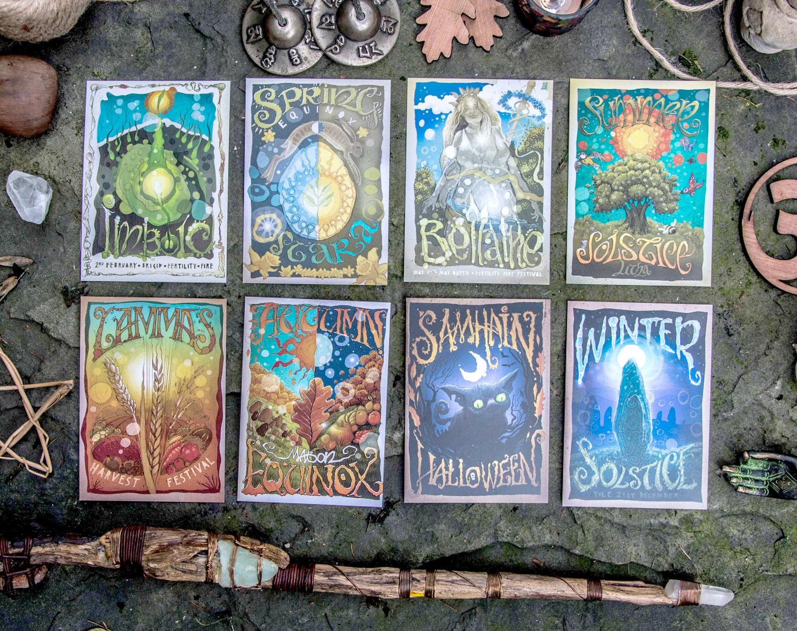 Spring Equinox, Summer Solstice, Autumn Equinox, Winter Solstice, Imbolc, Beltaine, Lammas, Samhain, Fire Festival Art Postcards (Set of 8)
