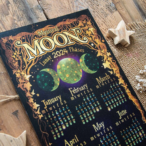 Moon Calendar 2024, Vintage Style, English, Phases of the Moon, 2024 Calendar