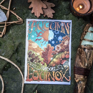 Postal del equinoccio de otoño, Sabbat, Festival del fuego y Rueda del año