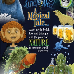 May include: Illustrated book cover titled "Finding Uncle Ned: A Magical Tale..." featuring whimsical characters, including a large blue creature, an elf-like child, and a green goblin. The cover includes text about myth, belief, and nature.