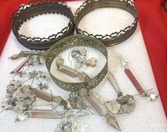 Antique Brass Oil Lamp Crown Rings Crystal Prisms Rosettes Suncatcher Parts Lot