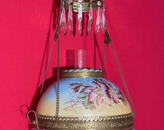 Antique Hanging Oil Lamp Colorful Hand Painted Floral 14" Shade Crystal Prisms