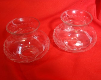 2 Antique Vintage Etched Glass Squat Tulip Oil Lamp Shades