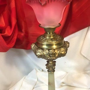 Antique B&H Cherub Banquet Parlor Oil Lamp Ruffled Cranberry Shade Rayo Chimney