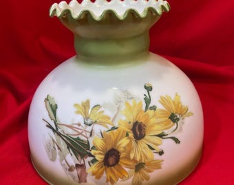 Pantalla de lámpara de aceite antigua pintada a mano con diseño floral, tipo Tam O Shanter, con borde ondulado, 9 3/4"