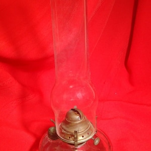 Antique Glass Font Oil Lamp E. Miller Burner & Heavy Chimney