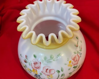 Vintage Ruffled Rim Oil Lamp Shade Hand Painted Floral Design