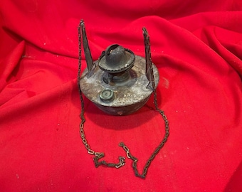Antique Rustic Metal Hanging Oil Lamp Font & Burner