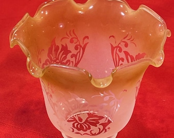 Vintage Frosted Peach Ruffled Glass Lamp Shade 2" Fitter