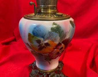 Antique Hand Painted Porcelain Oil Lamp Base B&H Font Floral Pansy Design NICE!
