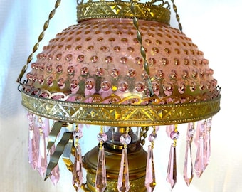 Beautiful Antique Hanging Oil Lamp Red Hobnail Shade P&A Burner Crystal Prisms