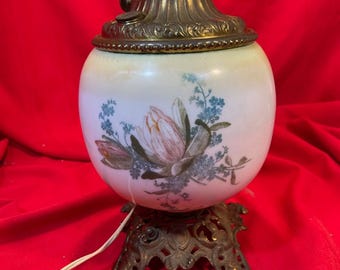 Antique GWTW Converted Oil Lamp Base 3 Way Works Hand Painted Floral Lilly