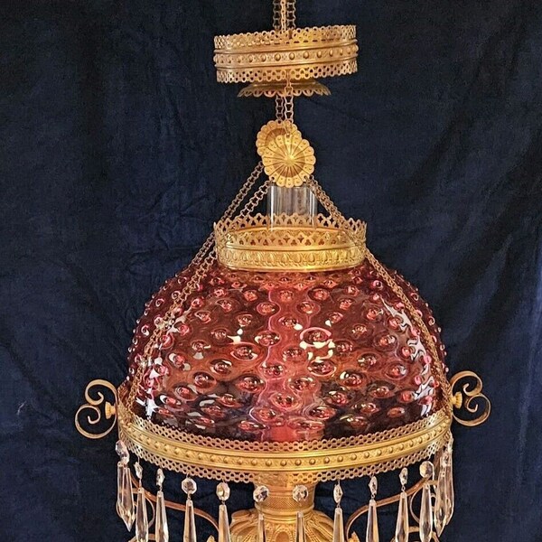 Antique Hanging Oil Lamp Royal Red Hobbs Hobnail Shade Dragons Crystal Prisms
