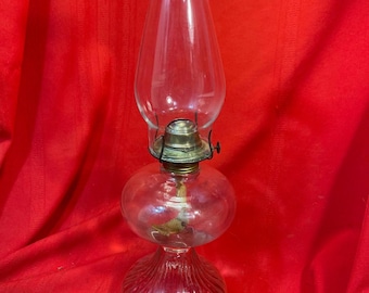 Vintage Bulbous Glass Oil Lamp Eagle Burner & Beaded Chimney Prepper Item L10