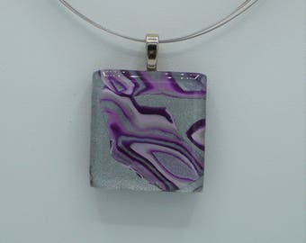 Purple and Silver Pendant necklace made of polymer clay and resin, modern art jewelry, choker