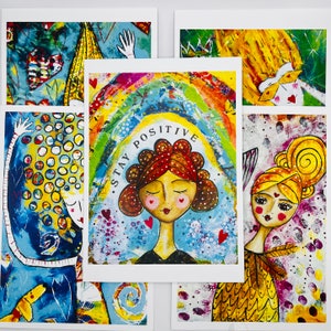 Stay Positive Cards Collection - 5 Tarjetas de felicitación - Tarjetas en blanco - Tarjetas divertidas - Tarjetas edificantes - Tarjetas encantadoras para enviar - Miranda Day Art