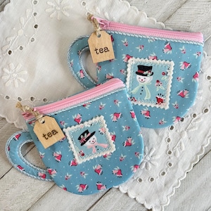 Vintage Snowman Blue Print Fabric Teacup Pouch - your choice of stamp