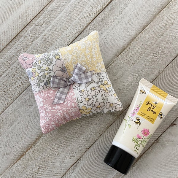 Lavender Sachet and Busy Bee English Hand Cream gift set - Arley Garden Pastel Liberty Print Patchwork