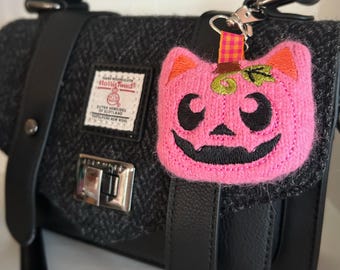 Pink Kitty Jack ‘o Lantern Bag Charm Upcycled Angora and Wool