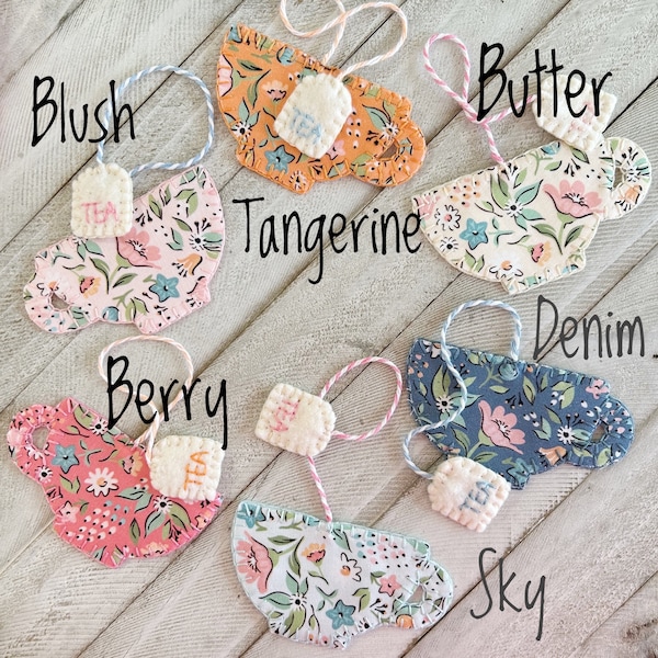 Teacup Bookmark : Garden Party Print Fabric and Felt Hand Stitched Bookmark - 6 color choices