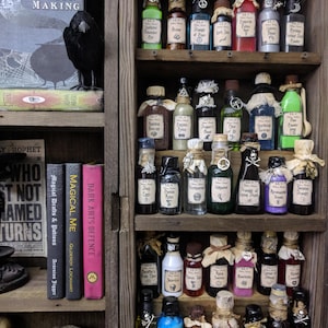 May include: A wooden shelf filled with various potion bottles, each labeled with handwritten tags. The bottles vary in size, shape, and color, with corks and decorative elements. Books with titles like "Advanced Potion-Making" and "Dark Arts Defence" are also visible.