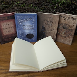 May include: Five vintage-style journals with different titles, including "Ancient Runes Made Easy", "Advanced Potion Making", "A History of Magic", and "History of Magic Vol II". The journals are closed and arranged in a row on a wooden surface.