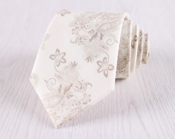 Cravatta floreale da uomo, cravatta in cotone stampato floreale bianco avorio, cravatte in cravatta stampata con fiori vintage. / NT.149S