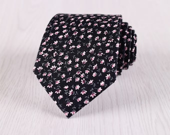 Black Blue Green Brown Floral Cotton Neck Ties for Wedding Groomsmen, Vintage Standard 3 inch/7.5 cm Wide Floral Print Neckties-NT.144S