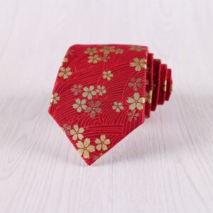 Blue Floral Print Cotton Necktie, Red Floral Design Vintage Ties with 7.5 CM/2.8 IN Width, Gift Wrapped Groomsmen Flower Print Tie./ NT.363S
